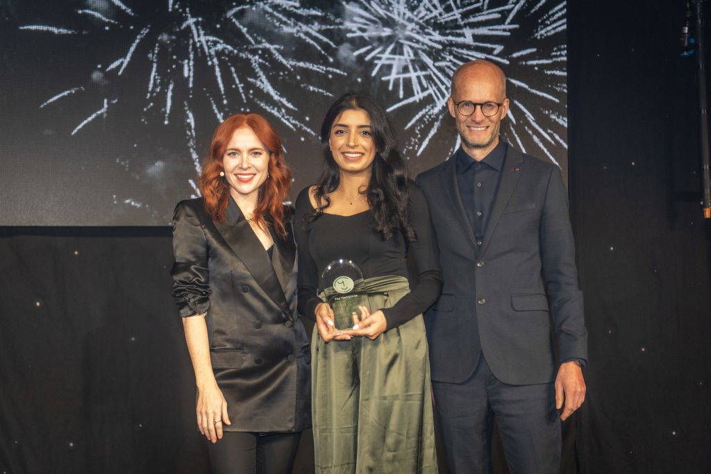 Muneebah Shaheen collecting Rising Star award at The Yorkshires. Residential Real Estate Awards 2025